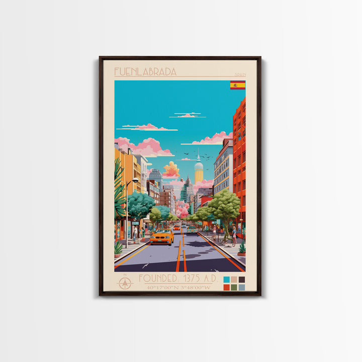 Fuenlabrada Spain Travel Poster Framed Canvas Print, Midcentury Modern Art, Pop Art Wall Decor, Scenic Wall Art, Living Room Decoration, Office Art