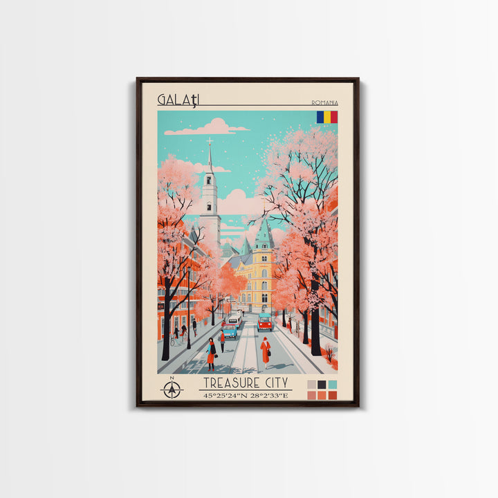 Galați Romania Travel Poster Framed Canvas Print, Midcentury Modern Art, Pop Art Wall Decor, Scenic Wall Art, Bedroom Decoration, Office Art