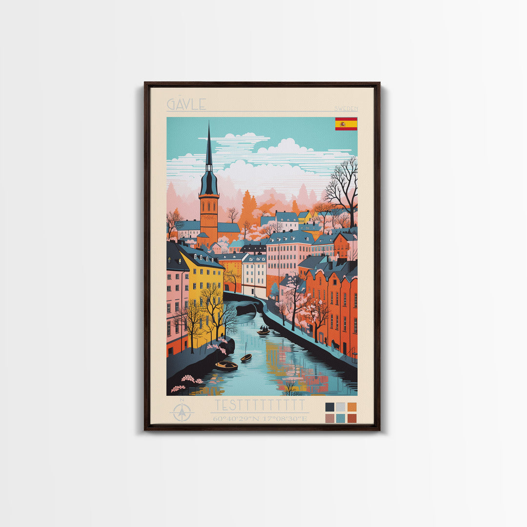 Gävle Sweden Travel Poster Framed Canvas Print, Midcentury Modern Art, Pop Art Wall Decor, Scenic Wall Art, Bedroom Decoration