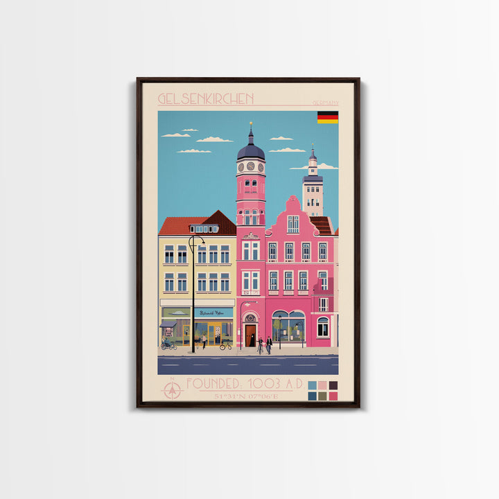 Gelsenkirchen Germany Travel Poster Framed Canvas Print, Midcentury Modern Art, Pop Art Wall Decor, Scenic Living Room Art, Bedroom Gift