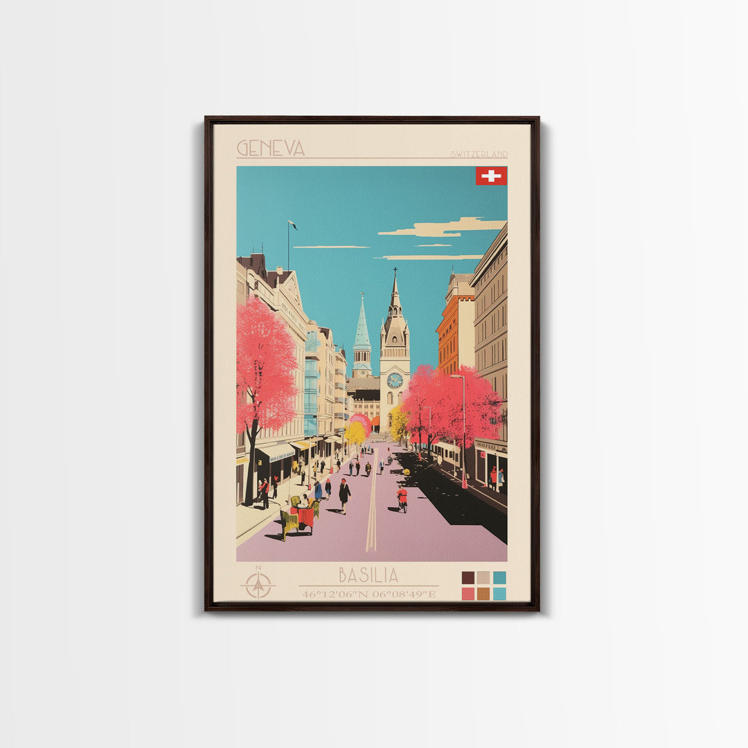 Geneva Switzerland Travel Poster Framed Canvas Print, Midcentury Modern Art, Pop Art Wall Decor, Scenic Wall Art, Living Room Decoration, Office Art