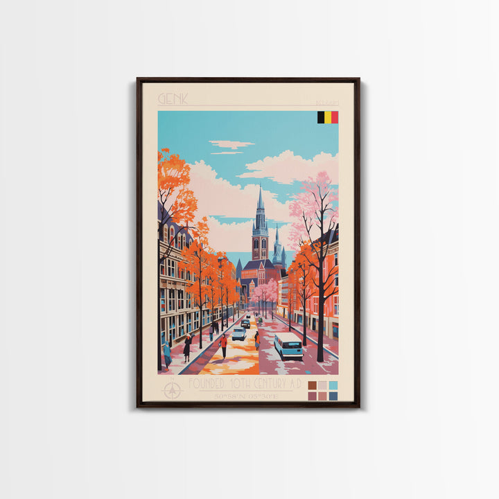 Genk Belgium Travel Poster Framed Canvas Print, Midcentury Modern Art, Pop Art Wall Decor, Home Decor, Vacation Gift, Bedroom Art