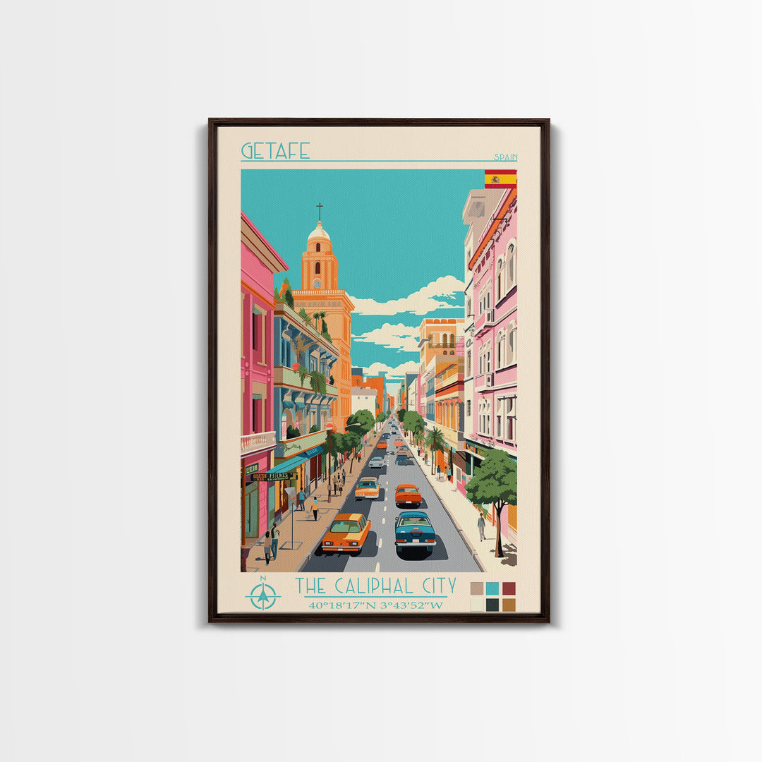Getafe Spain Travel Poster Framed Canvas Print, Midcentury Modern Art, Pop Art Wall Decor, Scenic Wall Art, Bedroom Decoration
