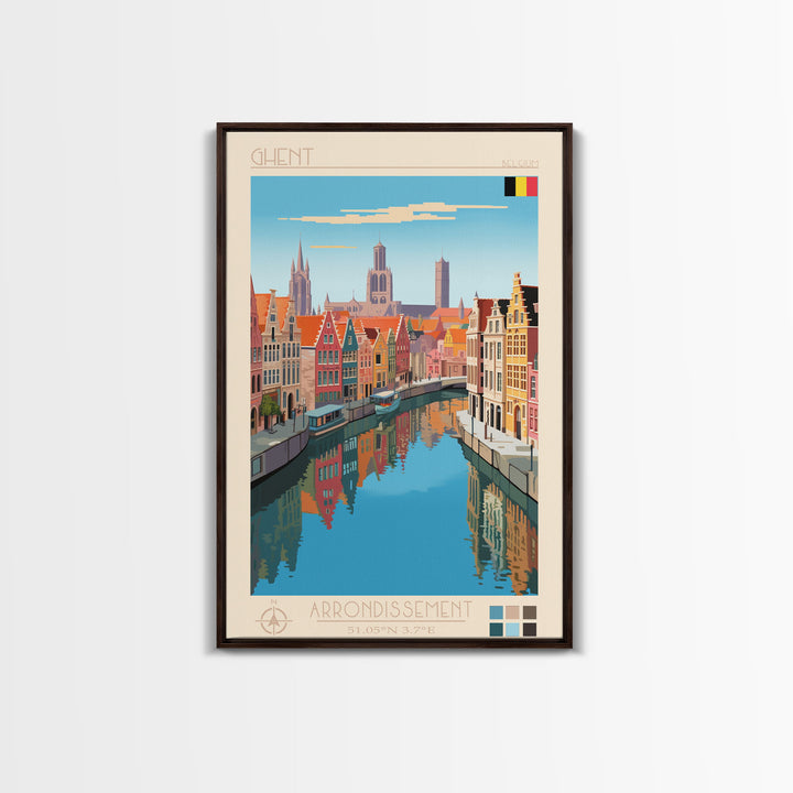 Ghent Belgium Travel Poster Framed Canvas Print, Midcentury Modern Art, Pop Art Wall Decor, Scenic Wall Art, Living Room Decoration, Office Art