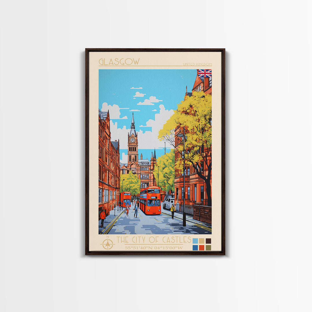 Glasgow United Kingdom Travel Poster Framed Canvas Print, Midcentury Modern Art, Pop Art Wall Decor, Scenic Bedroom Art, Office Decoration
