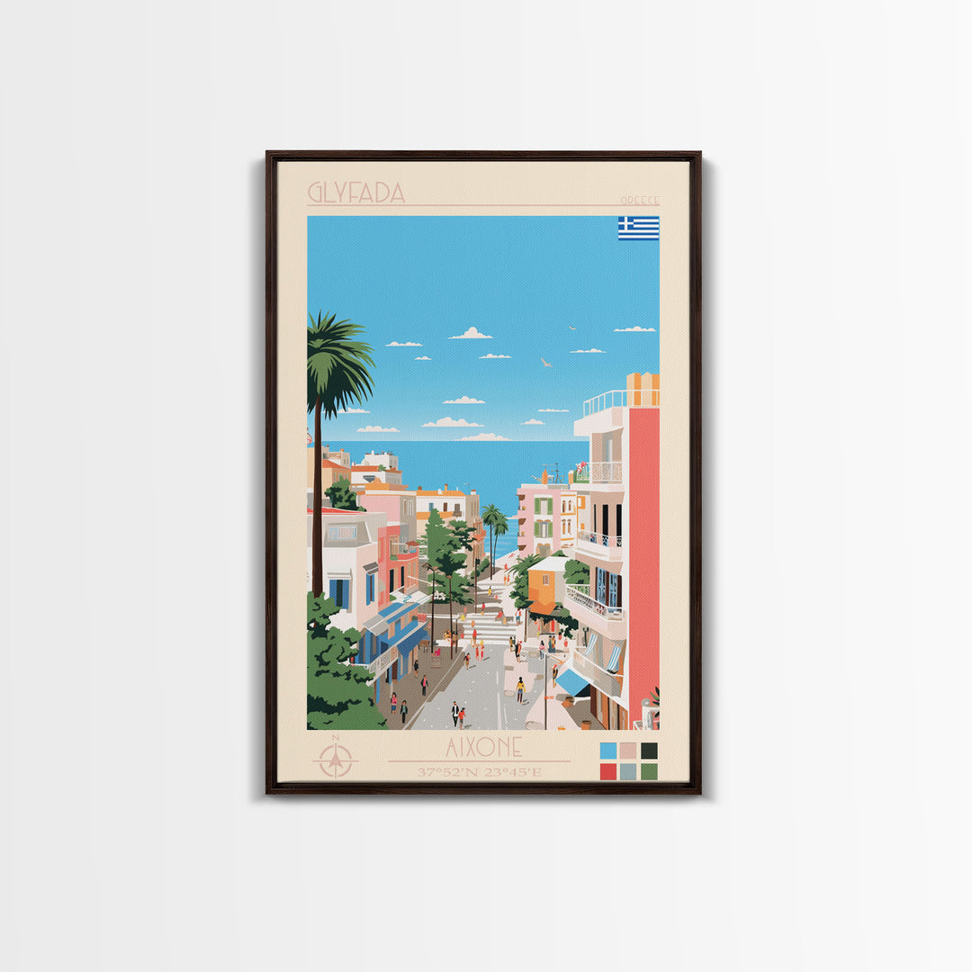 Glyfada Greece Travel Poster Framed Canvas Print, Midcentury Modern Art, Pop Art Wall Decor, Scenic Wall Art, Bedroom Decoration, Office Art