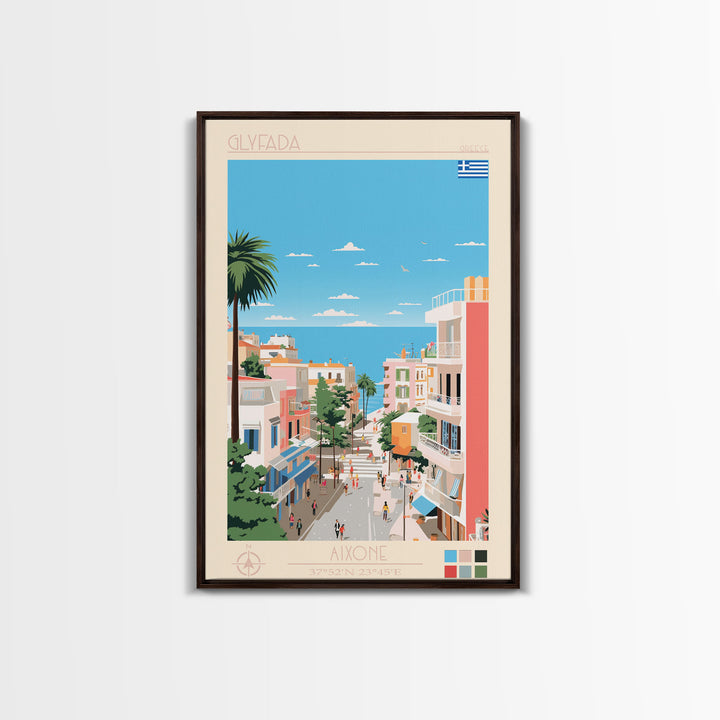 Glyfada Greece Travel Poster Framed Canvas Print, Midcentury Modern Art, Pop Art Wall Decor, Scenic Wall Art, Bedroom Decoration, Office Art