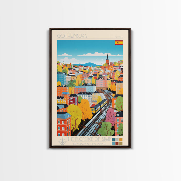 Gothenburg Sweden Travel Poster Framed Canvas Print, Midcentury Modern Art, Pop Art Wall Decor, Scenic Bedroom Art, Office Decoration