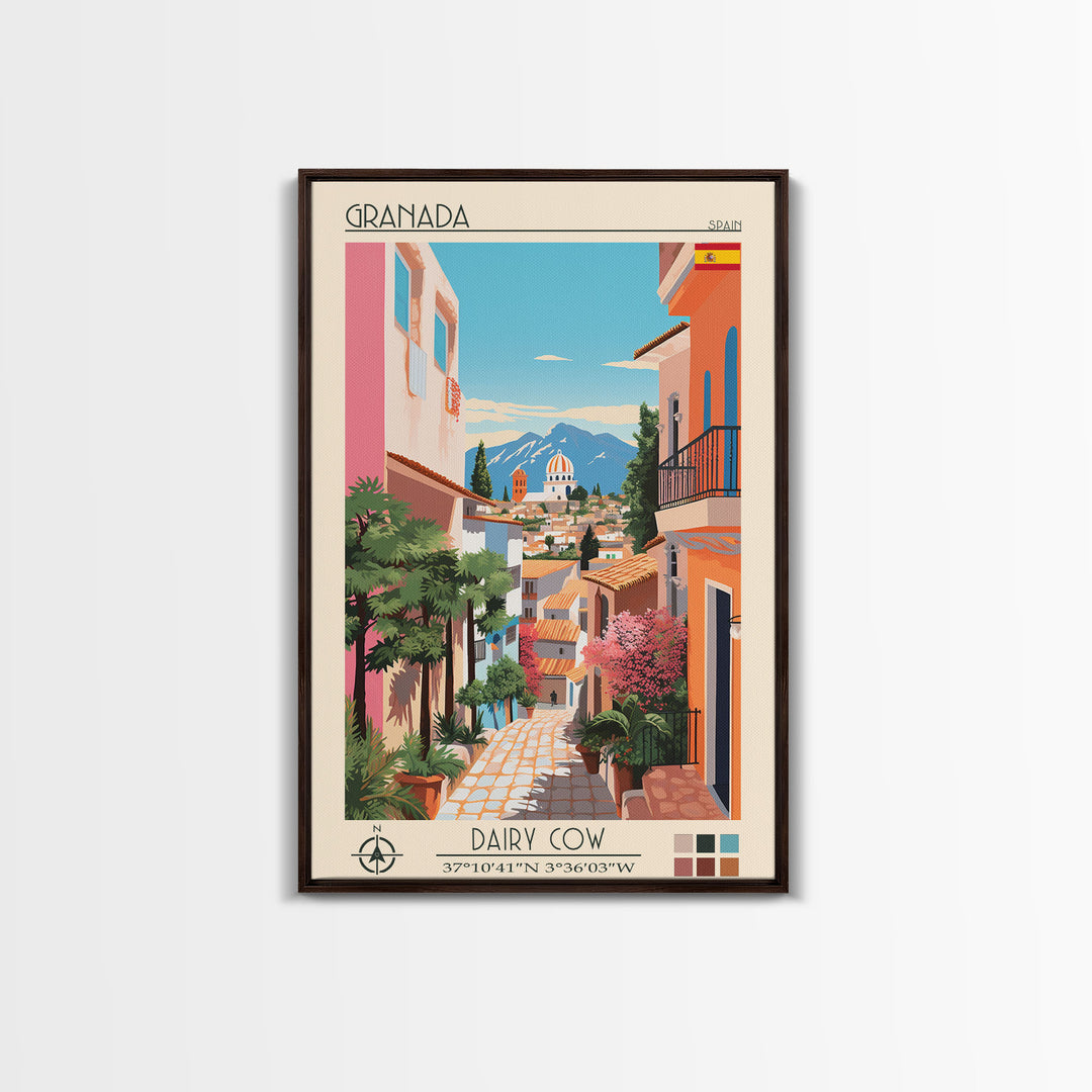 Granada Spain Travel Poster Framed Canvas Print, Midcentury Modern Art, Pop Art Wall Decor, Scenic Living Room Art, Bedroom Decor