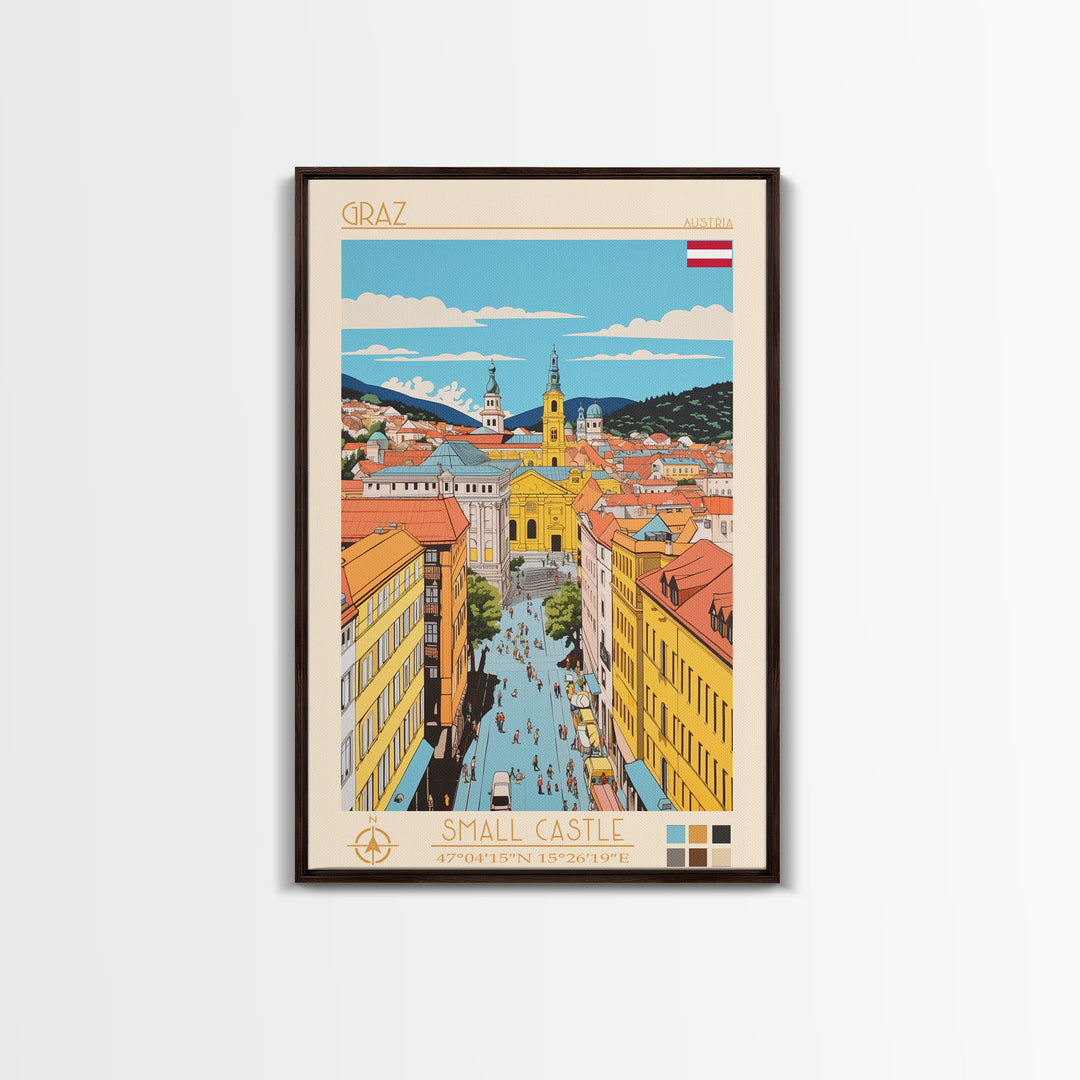 Graz Austria Travel Poster Framed Canvas Print, Vintage Style, Pop Art Home Decor, Scenic Wall Art, Bedroom Decoration, Office Gift