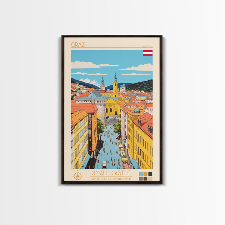 Graz Austria Travel Poster Framed Canvas Print, Vintage Style, Pop Art Home Decor, Scenic Wall Art, Bedroom Decoration, Office Gift