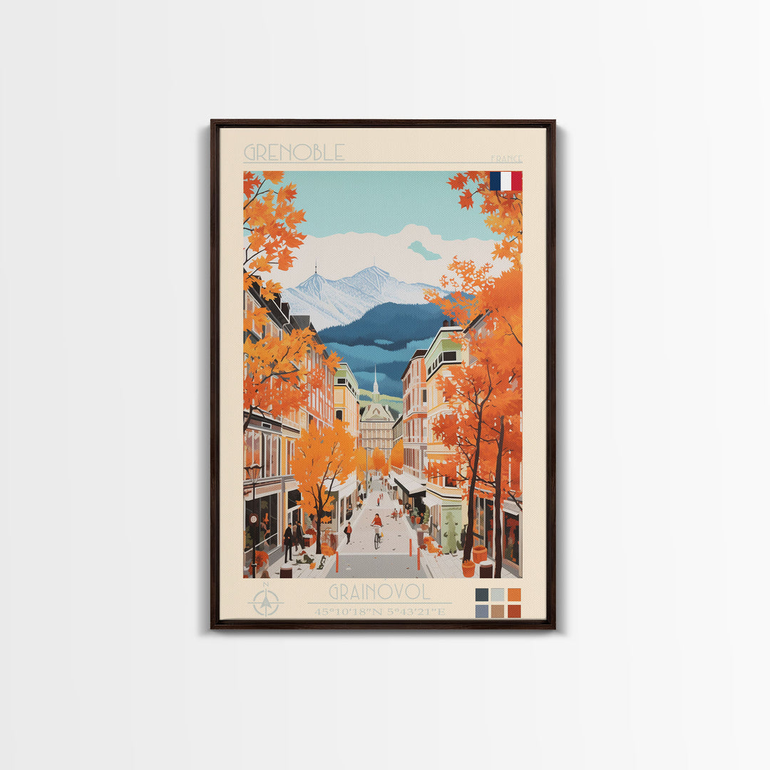 Grenoble France Travel Poster Framed Canvas Print, Midcentury Modern Art, Pop Art Wall Decor, Home Decor, Vacation Gift, Office Art