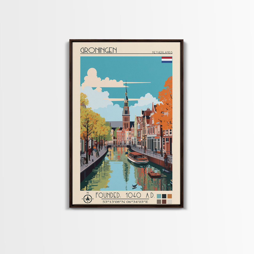 Groningen Netherlands Travel Poster Framed Canvas Print, Midcentury Modern Art, Pop Art Wall Decor, Scenic Living Room Art, Bedroom Gift