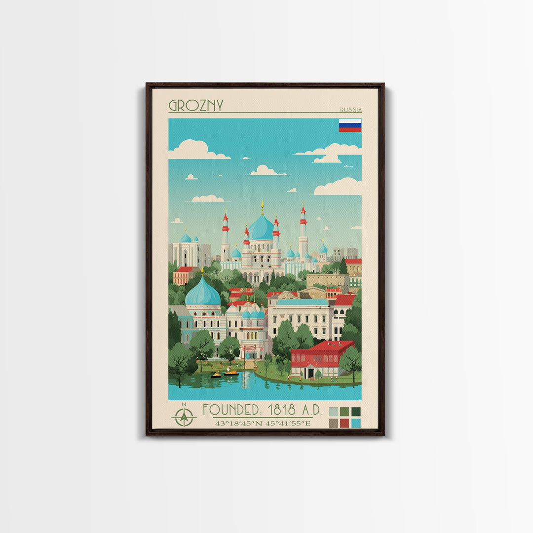 Grozny Russia Travel Poster Framed Canvas Print, Midcentury Modern Art, Pop Art Wall Decor, Scenic Wall Art, Living Room Decoration, Office Art