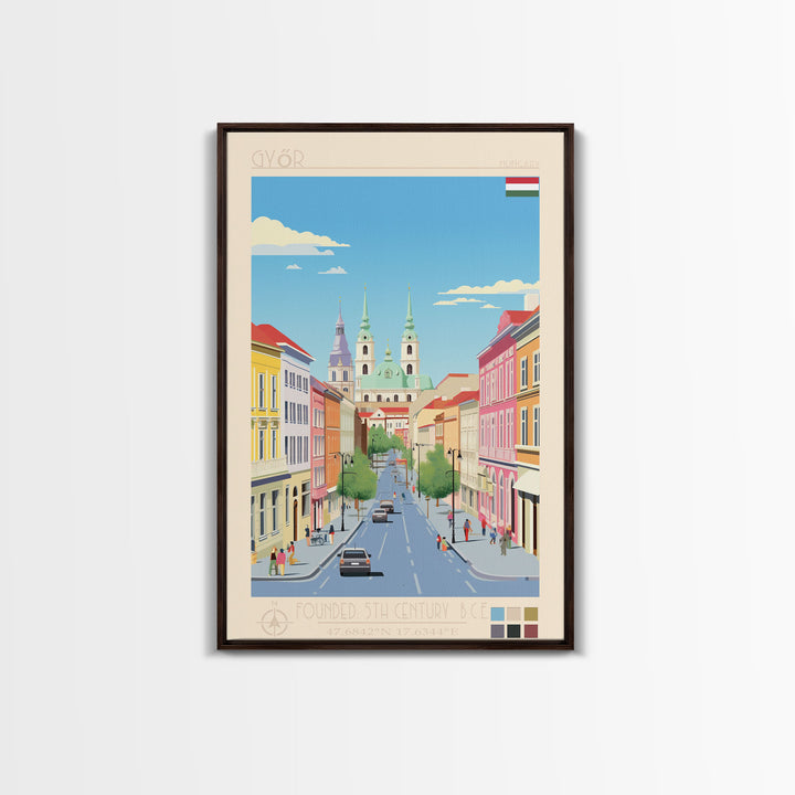 Győr Hungary Travel Poster Framed Canvas Print, Midcentury Modern Art, Pop Art Wall Decor, Scenic Wall Art, Living Room Decoration, Office Gift