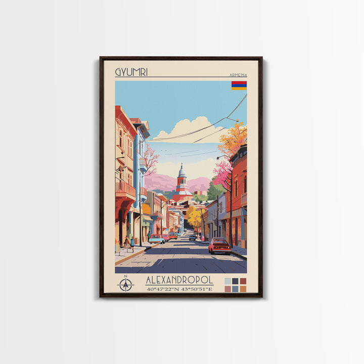 Gyumri Armenia Travel Poster Framed Canvas Print, Midcentury Modern Art, Pop Art Wall Decor, Home Decor, Vacation Gift, Bedroom Art