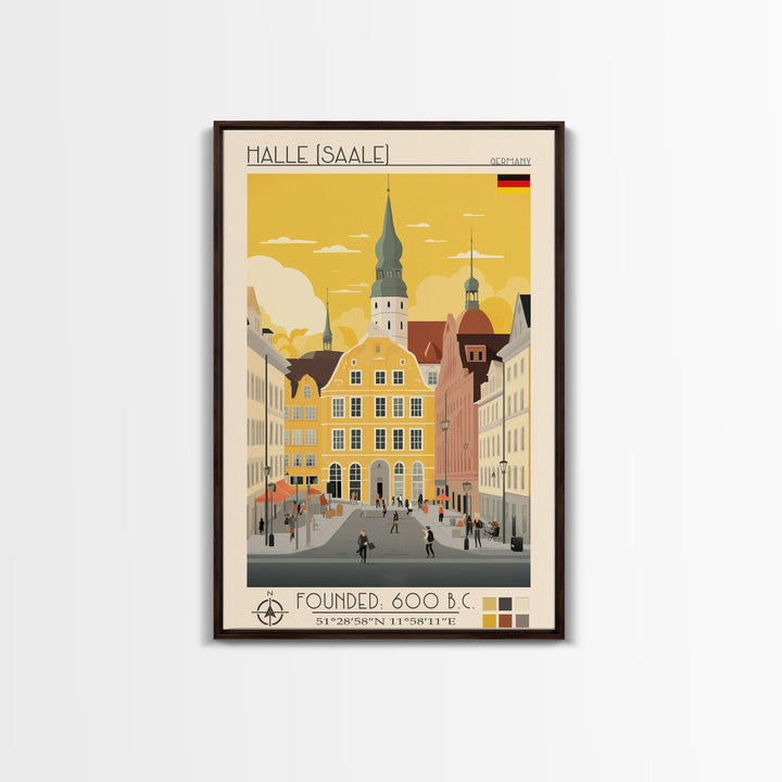Halle Germany Travel Poster Framed Canvas Print, Midcentury Modern Art, Pop Art Wall Decor, Scenic Living Room Art, Bedroom Decor