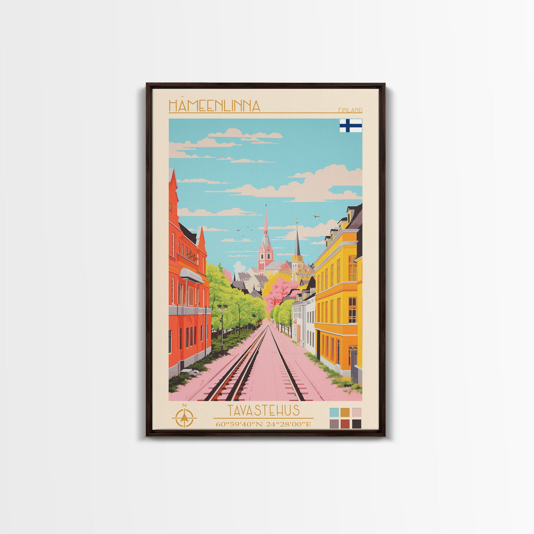 Hämeenlinna City in Finland Finland Travel Poster Framed Canvas Print, Midcentury Modern Art, Pop Art Wall Decor, Home Decor, Vacation Gift, Bedroom Art