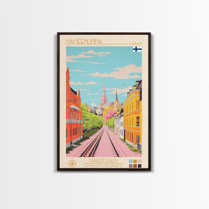 Hämeenlinna City in Finland Finland Travel Poster Framed Canvas Print, Midcentury Modern Art, Pop Art Wall Decor, Home Decor, Vacation Gift, Bedroom Art