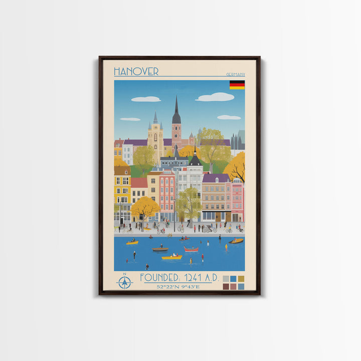 Hanover Germany Travel Poster Framed Canvas Print, Midcentury Modern Art, Pop Art Wall Decor, Scenic Wall Art, Living Room Decoration, Office Art
