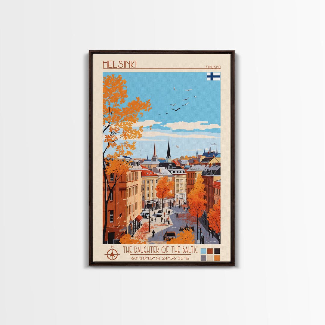Helsinki Finland Travel Poster Framed Canvas Print, Midcentury Modern Art, Pop Art Wall Decor, Scenic Bedroom Art, Office Decoration