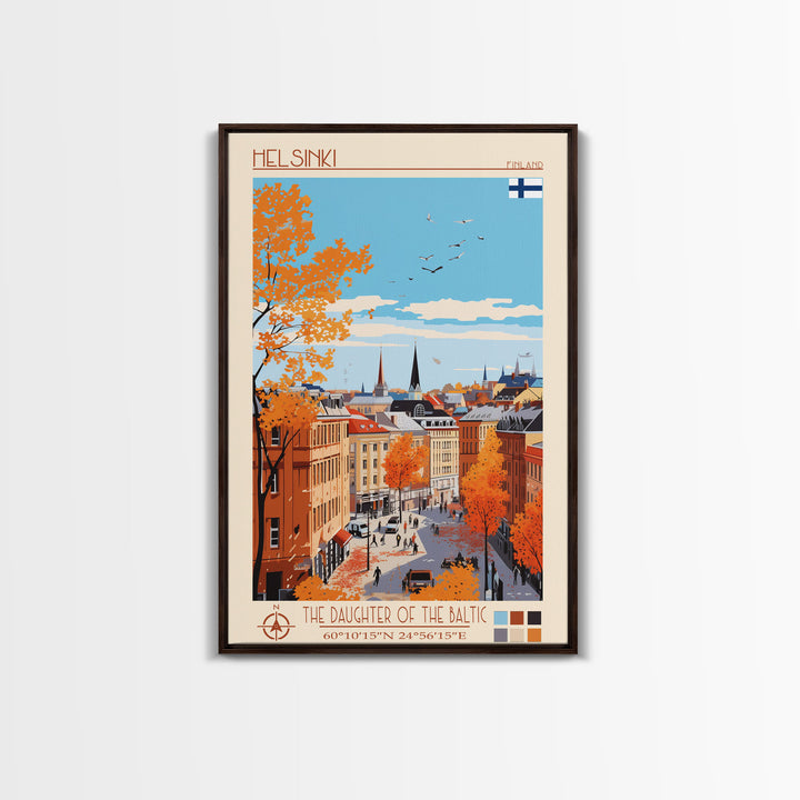 Helsinki Finland Travel Poster Framed Canvas Print, Midcentury Modern Art, Pop Art Wall Decor, Scenic Bedroom Art, Office Decoration