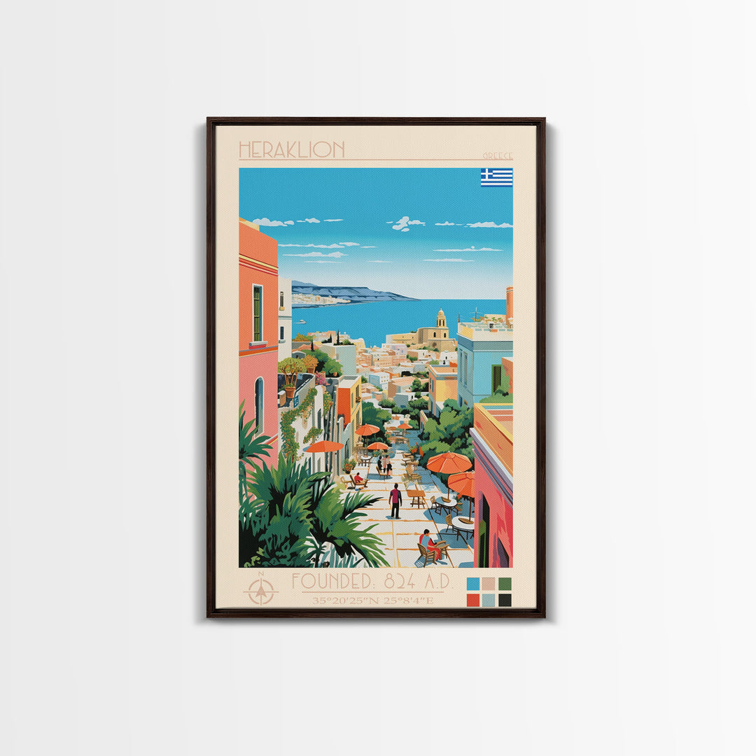 Heraklion Greece Travel Poster Framed Canvas Print, Midcentury Modern Art, Pop Art Wall Decor, Scenic Living Room Art, Bedroom Decor