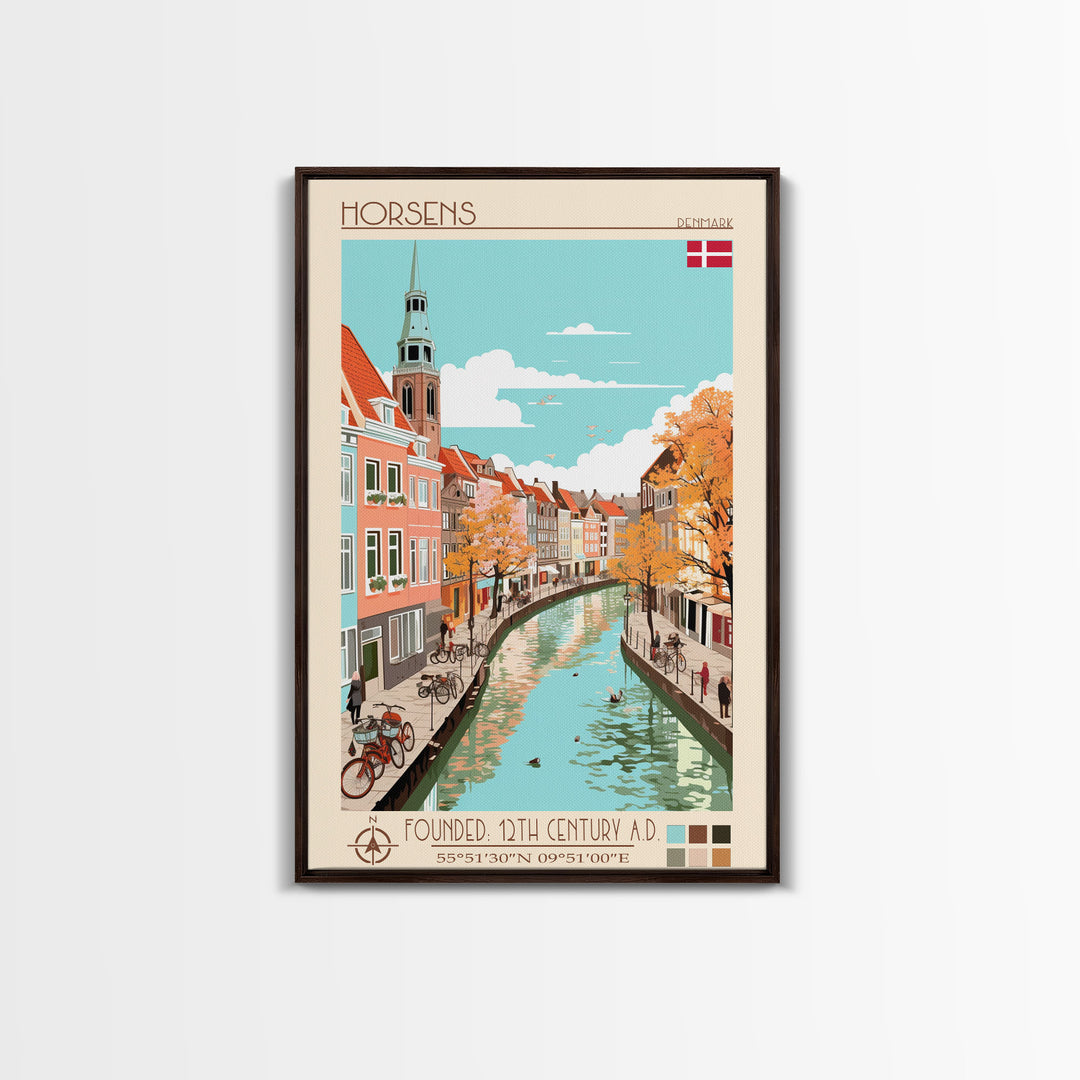 Horsens Denmark Travel Poster Framed Canvas Print, Midcentury Modern Art, Pop Art Wall Decor, Home Decor, Vacation Gift, Office Art