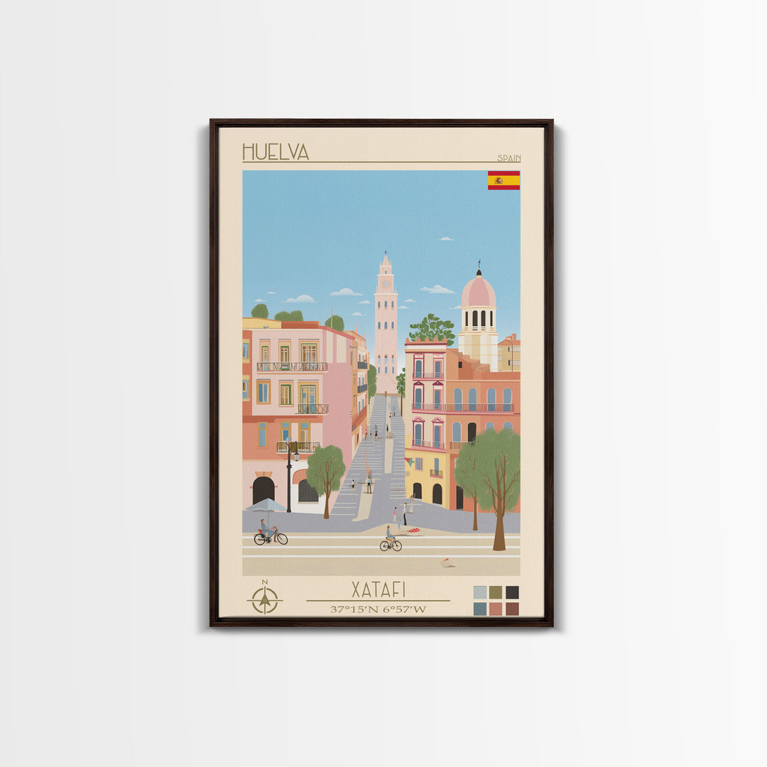Huelva Spain Travel Poster Framed Canvas Print, Midcentury Modern Art, Pop Art Wall Decor, Scenic Wall Art, Living Room Decoration, Office Art