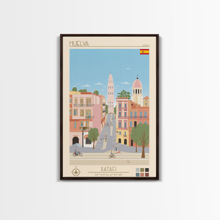 Huelva Spain Travel Poster Framed Canvas Print, Midcentury Modern Art, Pop Art Wall Decor, Scenic Wall Art, Living Room Decoration, Office Art