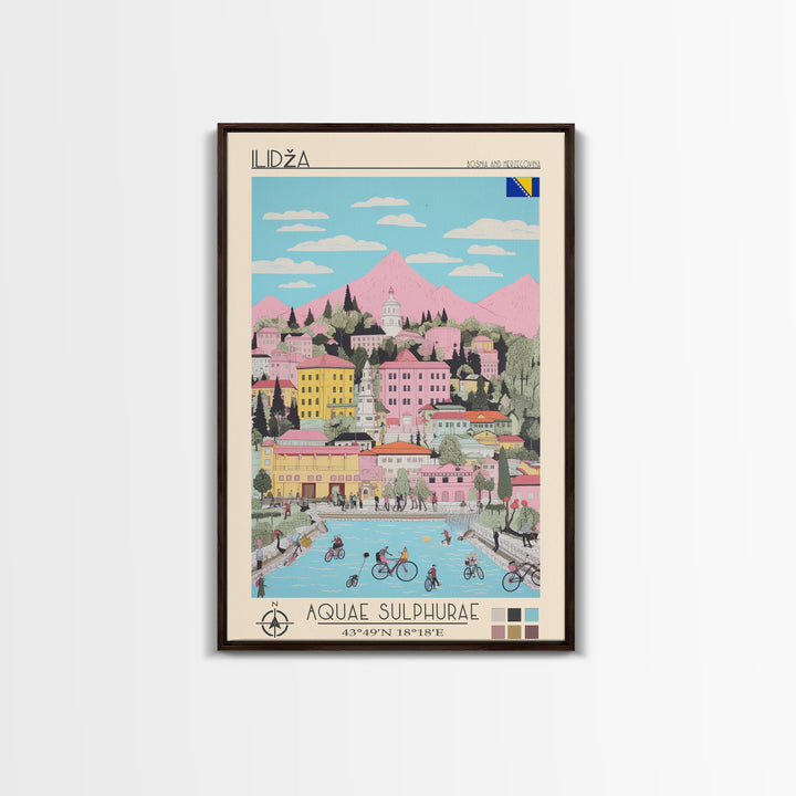 Ilidža Bosnia and Herzegovina Travel Poster Framed Canvas Print, Midcentury Modern Art, Pop Art Wall Decor, Scenic Wall Art, Bedroom Decoration