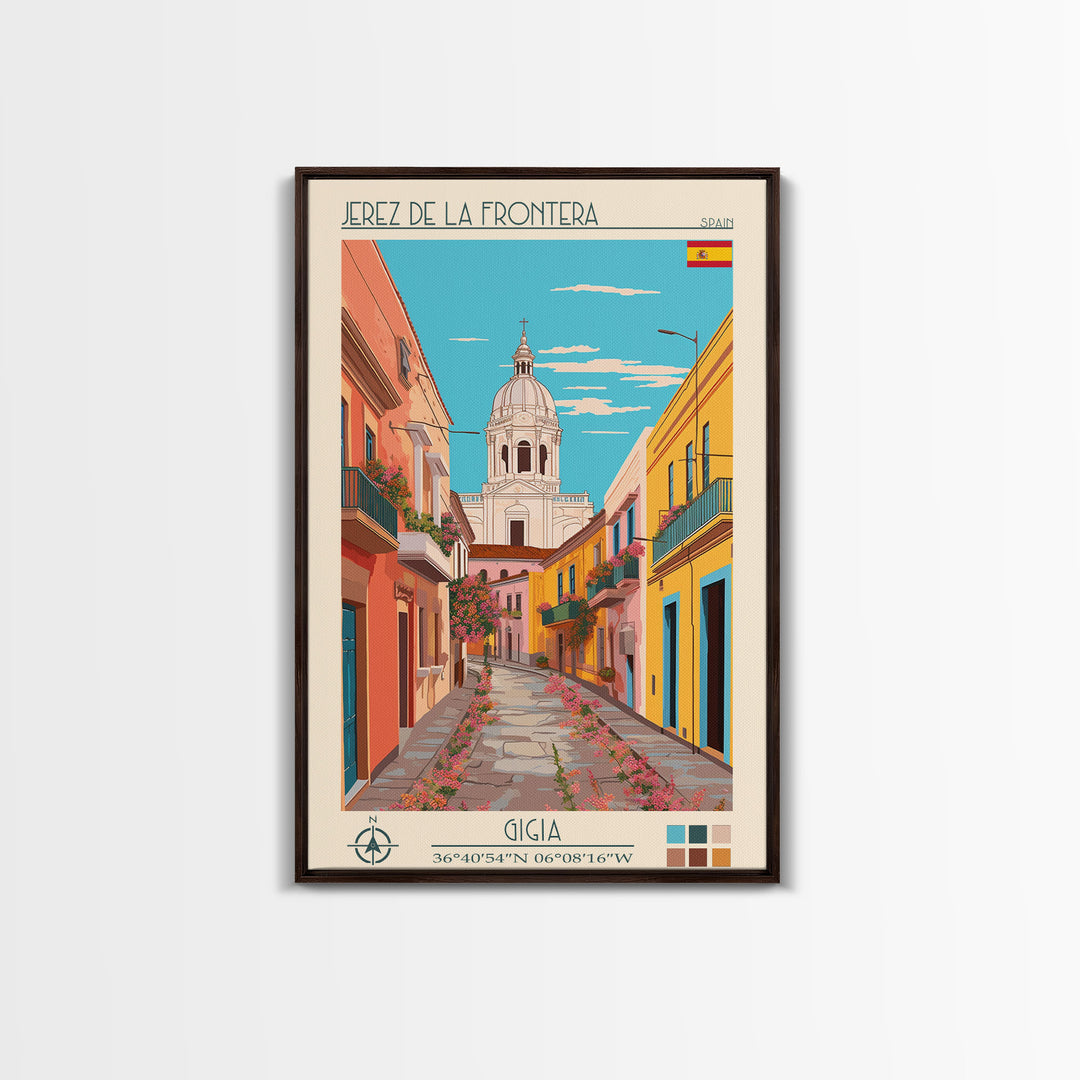 Jerez de la Frontera Spain Travel Poster Framed Canvas Print, Midcentury Modern Art, Pop Art Wall Decor, Scenic Bedroom Art, Office Decoration
