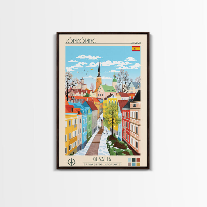 Jönköping Sweden Travel Poster Framed Canvas Print, Midcentury Modern Art, Pop Art Wall Decor, Home Decor, Vacation Gift, Office Art