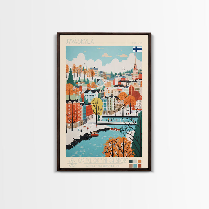 Jyväskylä Finland Travel Poster Framed Canvas Print, Vintage Style, Pop Art Home Decor, Scenic Wall Art, Bedroom Decoration, Office Gift