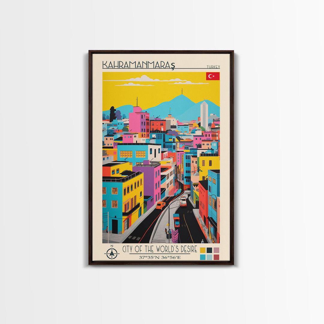 Kahramanmaraş Turkey Travel Poster Framed Canvas Print, Midcentury Modern Art, Pop Art Wall Decor, Scenic Living Room Art, Bedroom Gift