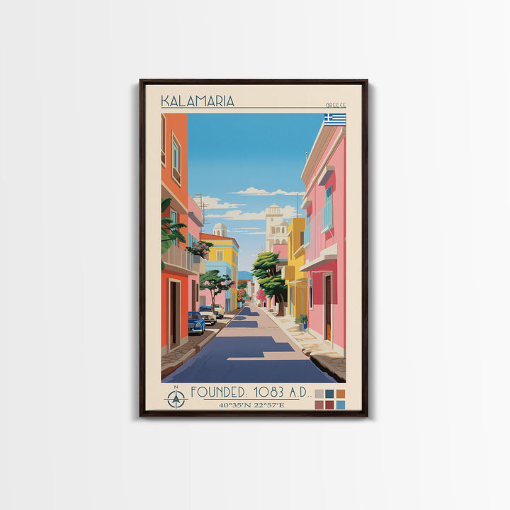 Kalamaria Greece Travel Poster Framed Canvas Print, Midcentury Modern Art, Pop Art Wall Decor, Scenic Wall Art, Living Room Decoration, Office Art