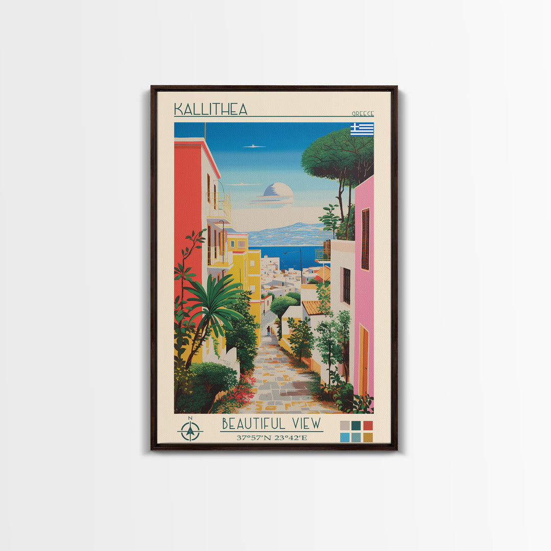 Kallithea Greece Travel Poster Framed Canvas Print, Midcentury Modern Art, Pop Art Wall Decor, Scenic Wall Art, Living Room Decoration, Office Gift