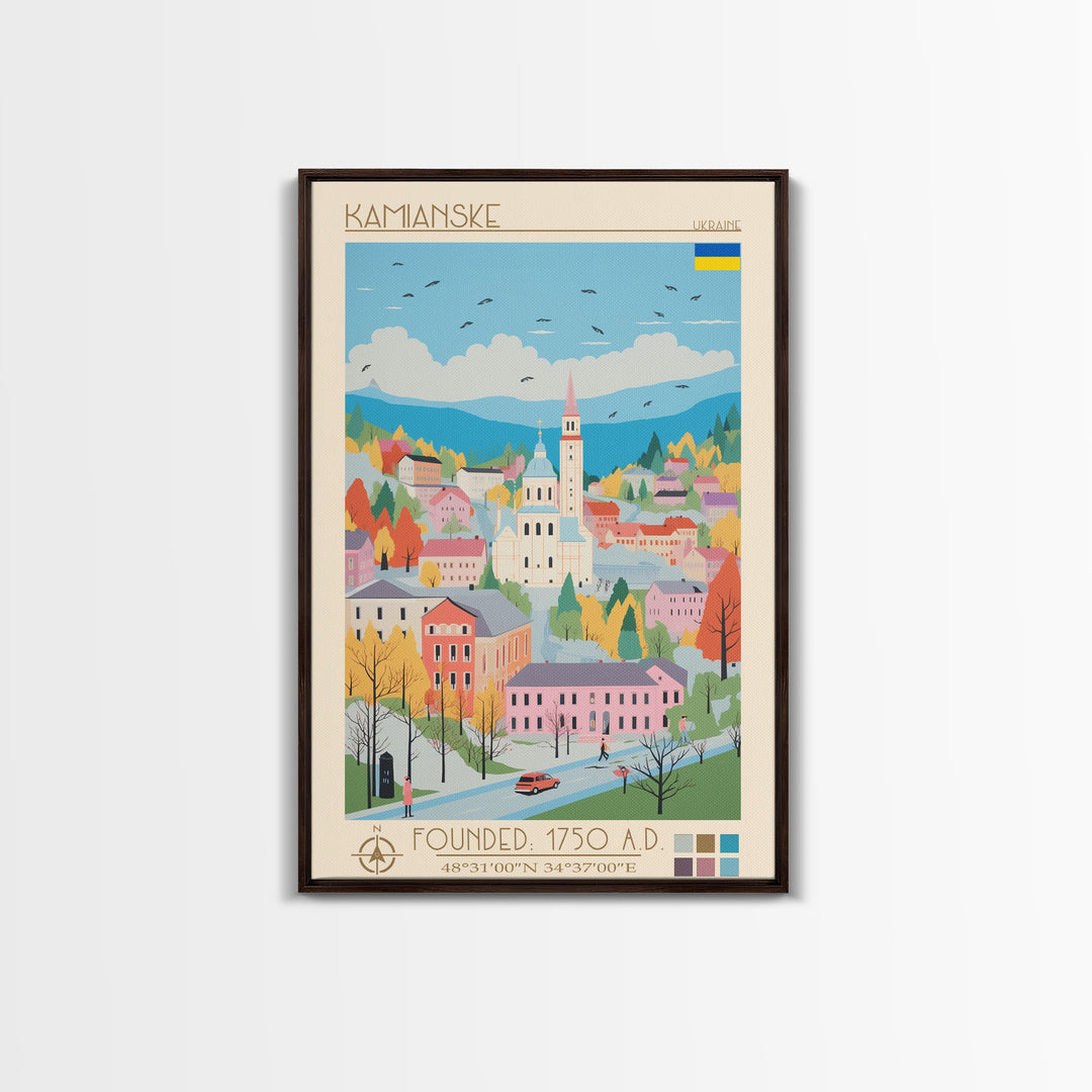Kamianske Ukraine Travel Poster Framed Canvas Print, Midcentury Modern Art, Pop Art Wall Decor, Scenic Wall Art, Living Room Decoration, Office Art