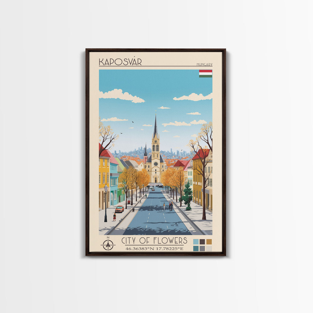 Kaposvár Hungary Travel Poster Framed Canvas Print, Midcentury Modern Art, Pop Art Wall Decor, Scenic Bedroom Art, Office Decoration