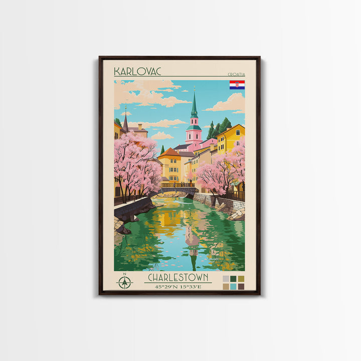 Karlovac Croatia Travel Poster Framed Canvas Print, Midcentury Modern Art, Pop Art Wall Decor, Scenic Living Room Art, Bedroom Decor