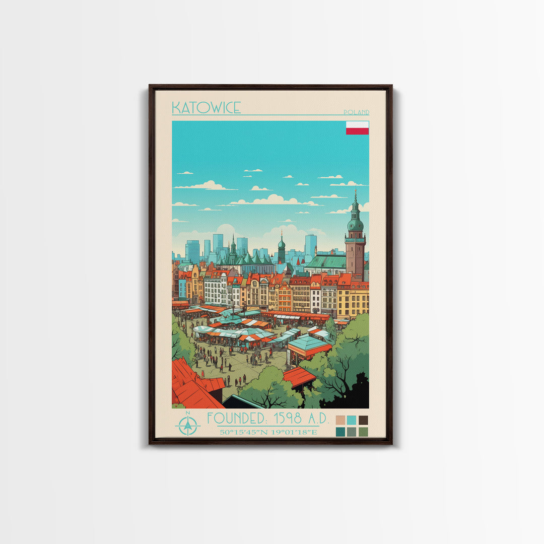Katowice Poland Travel Poster Framed Canvas Print, Midcentury Modern Art, Pop Art Wall Decor, Home Decor, Vacation Gift, Office Art