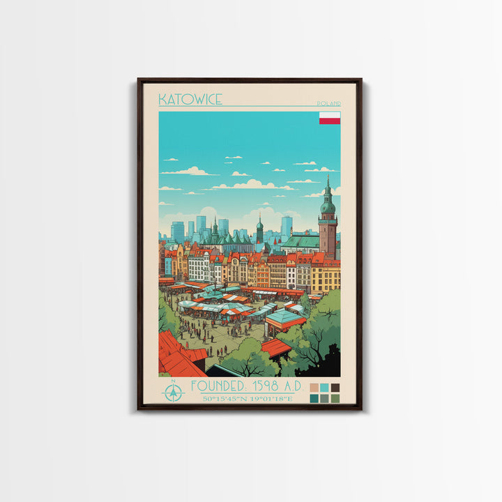 Katowice Poland Travel Poster Framed Canvas Print, Midcentury Modern Art, Pop Art Wall Decor, Home Decor, Vacation Gift, Office Art