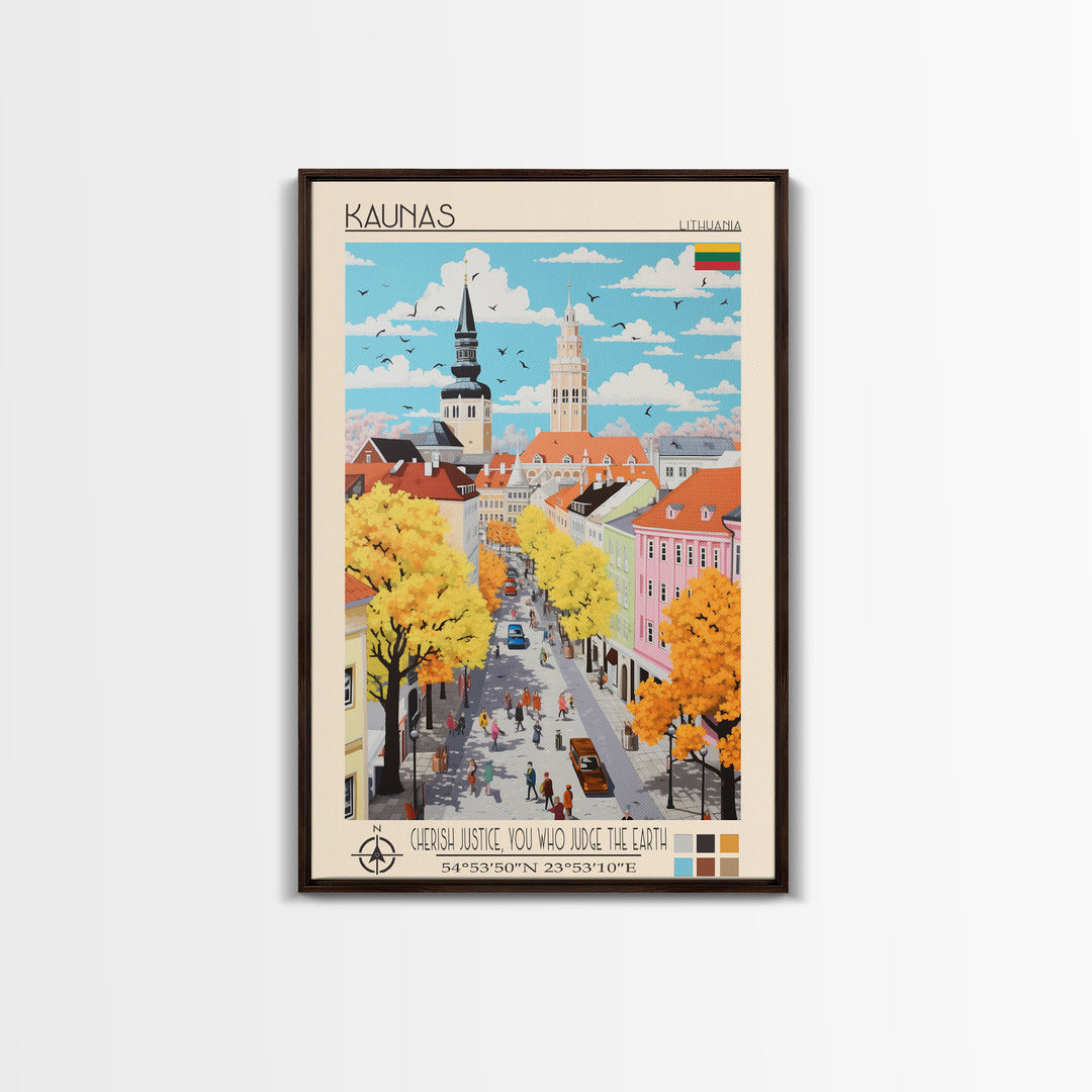Kaunas Lithuania Travel Poster Framed Canvas Print, Midcentury Modern Art, Pop Art Wall Decor, Scenic Living Room Art, Bedroom Gift