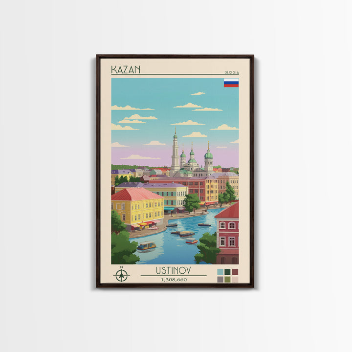 Kazan Russia Travel Poster Framed Canvas Print, Midcentury Modern Art, Pop Art Wall Decor, Scenic Bedroom Art, Office Decoration