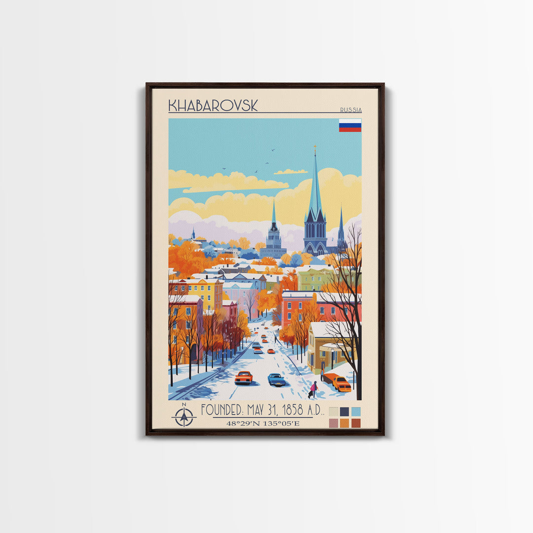 Khabarovsk Russia Travel Poster Framed Canvas Print, Midcentury Modern Art, Pop Art Wall Decor, Home Decor, Vacation Gift, Office Art