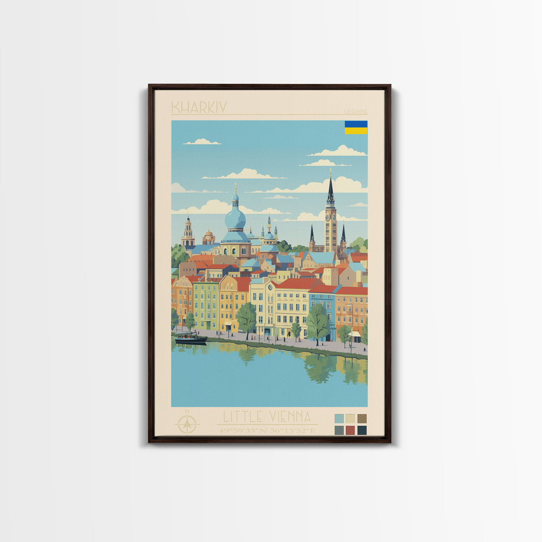 Kharkiv Ukraine Travel Poster Framed Canvas Print, Midcentury Modern Art, Pop Art Wall Decor, Scenic Living Room Art, Bedroom Gift