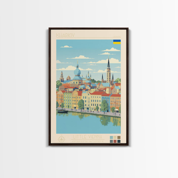 Kharkiv Ukraine Travel Poster Framed Canvas Print, Midcentury Modern Art, Pop Art Wall Decor, Scenic Living Room Art, Bedroom Gift