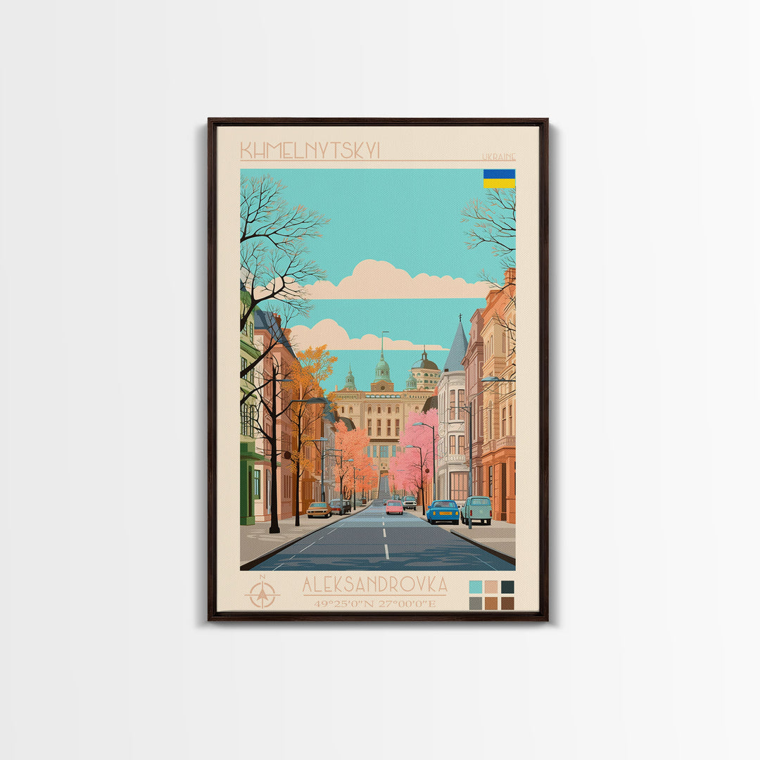 Khmelnytskyi Ukraine Travel Poster Framed Canvas Print, Midcentury Modern Art, Pop Art Wall Decor, Scenic Wall Art, Living Room Decoration, Office Gift