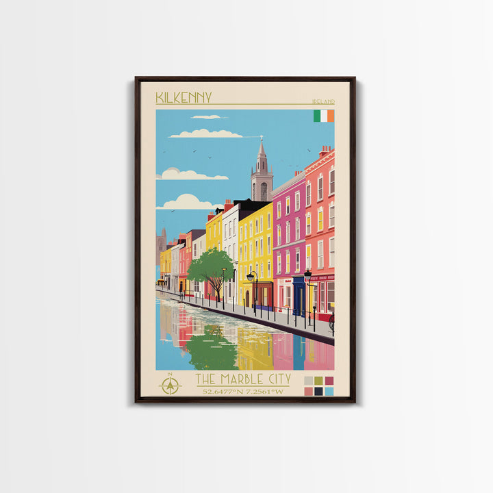 Kilkenny Ireland Travel Poster Framed Canvas Print, Midcentury Modern Art, Pop Art Wall Decor, Scenic Bedroom Art, Office Decoration