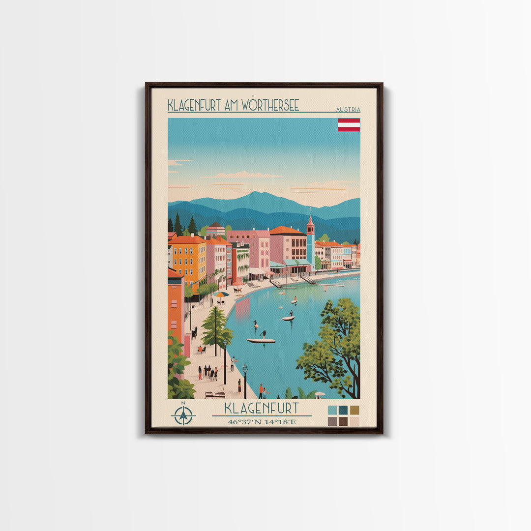Klagenfurt am Wörthersee Austria Travel Poster Framed Canvas Print, Vintage Style, Pop Art Home Decor, Scenic Wall Art, Bedroom Decoration, Office Gift